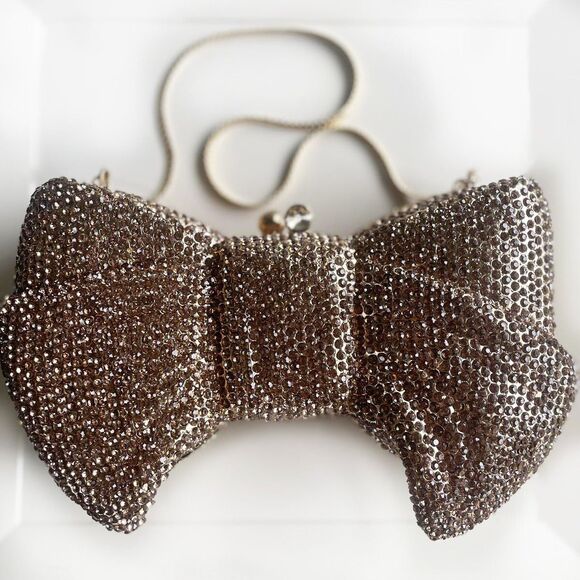 Gold Embellished Crystal Studded Bow Shaped Clutch Purse Luxury Cocktail - Picture 7 of 7